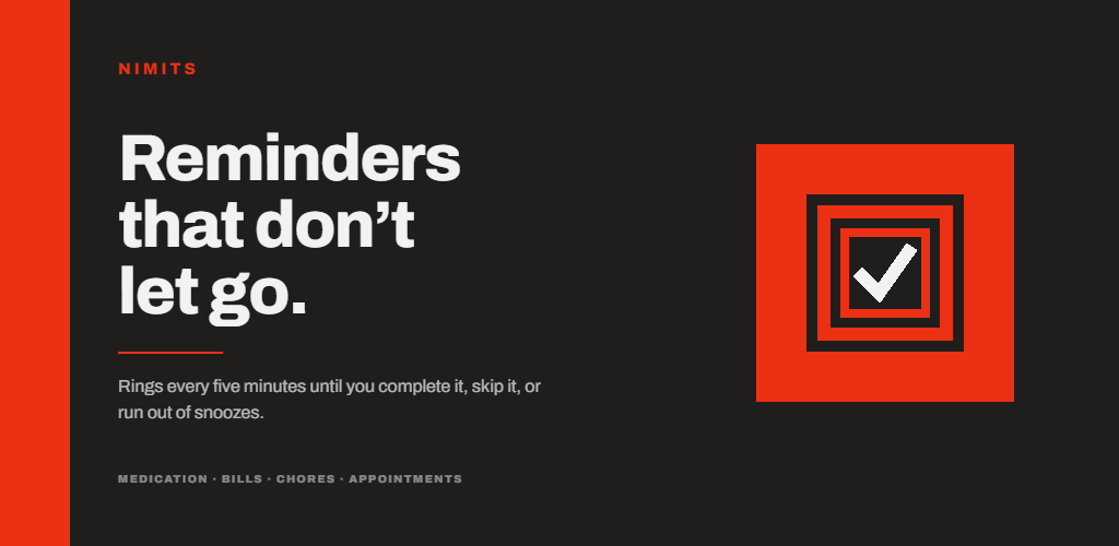 The Nimits wordmark beside its mark — a persistent reminder and alarm app for Android