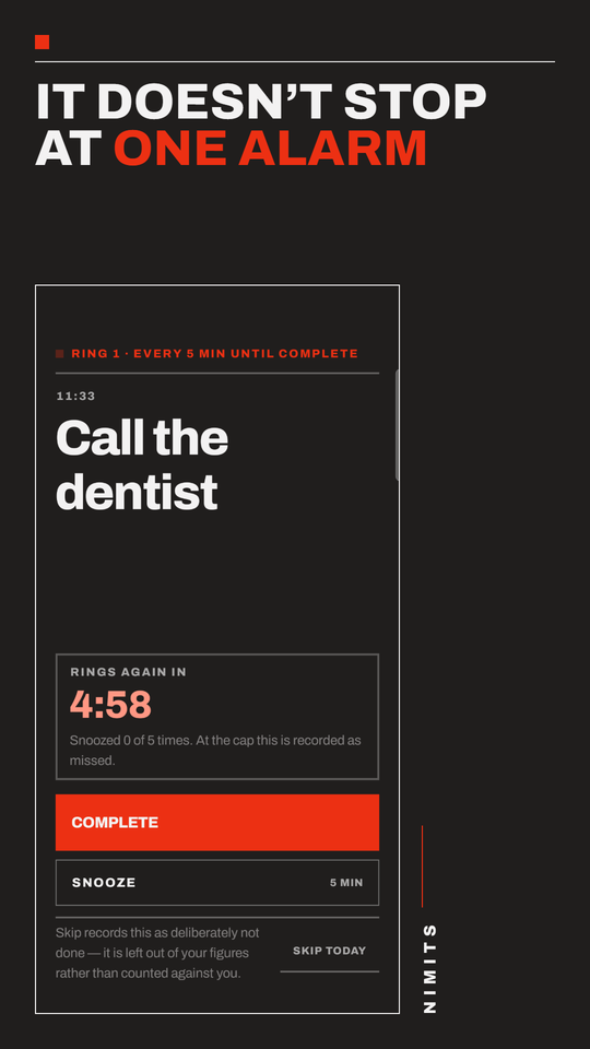 The Nimits alarm takeover: “Call the dentist” at 11:33 on a near-black ground, a 4:58 countdown to the next ring, and Complete, Snooze and Skip today.