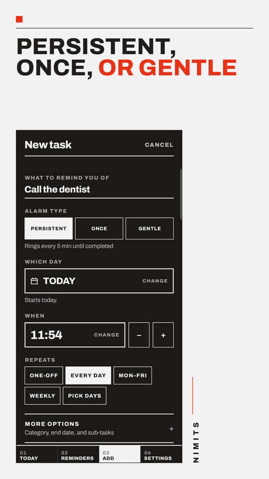 The new-task screen: a name, the alarm type set to Persistent, a day, a time of 11:54 with minus and plus steppers, and the repeat choices.
