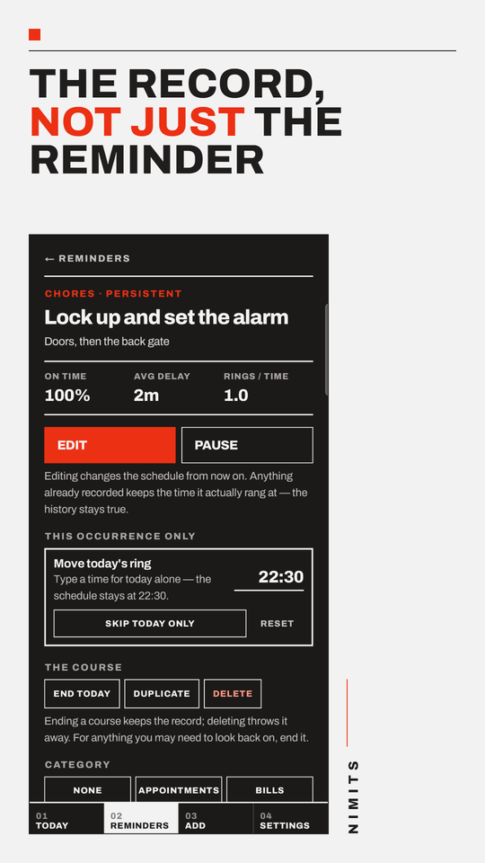 A reminder’s detail screen: 100% on time, 2m average delay, 1.0 rings per time, with Edit and Pause and a box to move today’s ring only.
