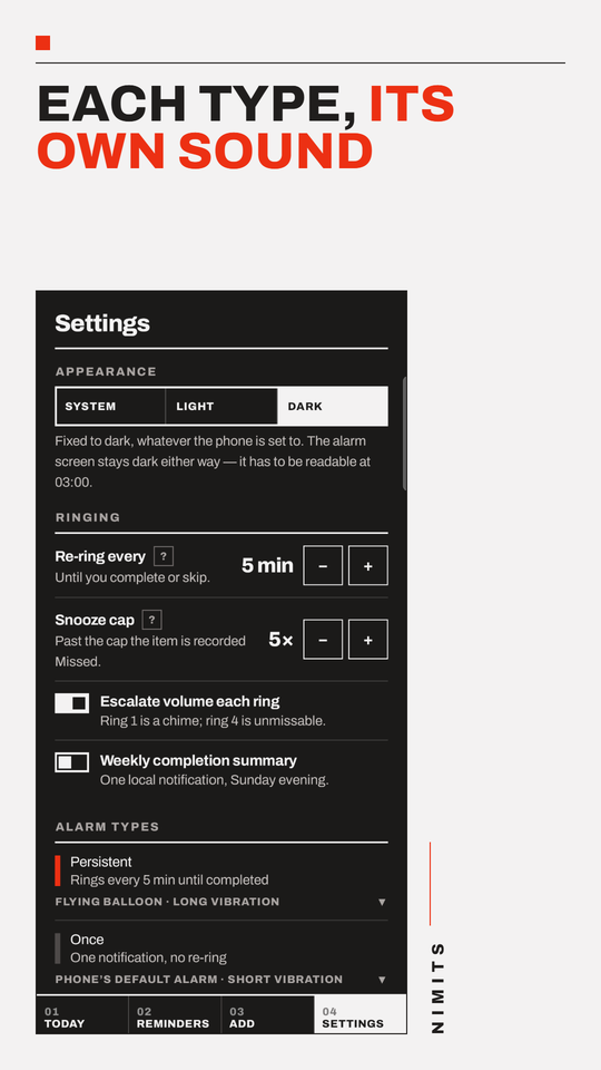 The Settings screen: a re-ring interval of 5 min, a snooze cap of 5, and the Persistent and Once alarm types each with their own sound and vibration.